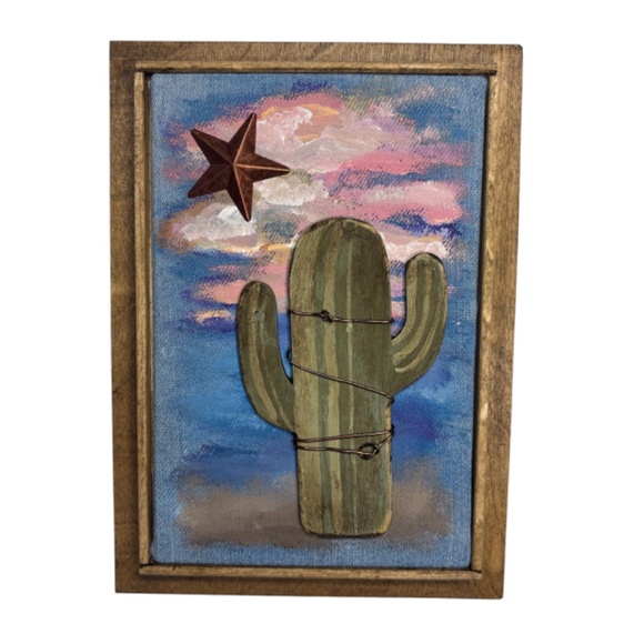 Mixed Media Wall Art Saguaro Cactus Scene Sunset Stars Desert Southwest 6 x 8 - Picture 5 of 5